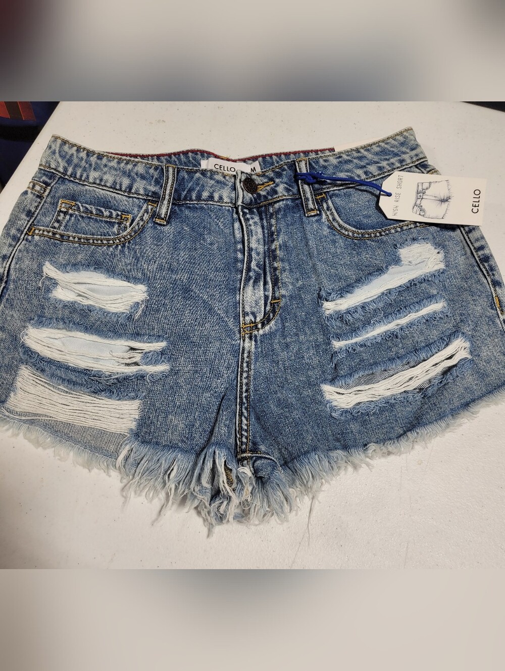 CELLO High-Rise Distressed Denim Shorts - Blue - Picture 1 of 5